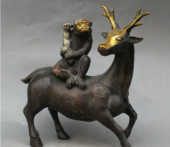 YM 322 китайская Бронзовая позолоченная статуя зодиака Yaer Monkey Hold RuYi Ride Sika Deer | Дом и