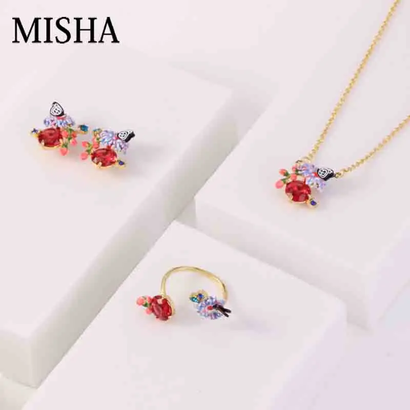 MISHA, Модные Ювелирные наборы для женщин, кольца, подвески, эмалированная глазурь, Бабочка, ожерелье, имитация драгоценных камней, шикарные серьги, свадебные наборы 730