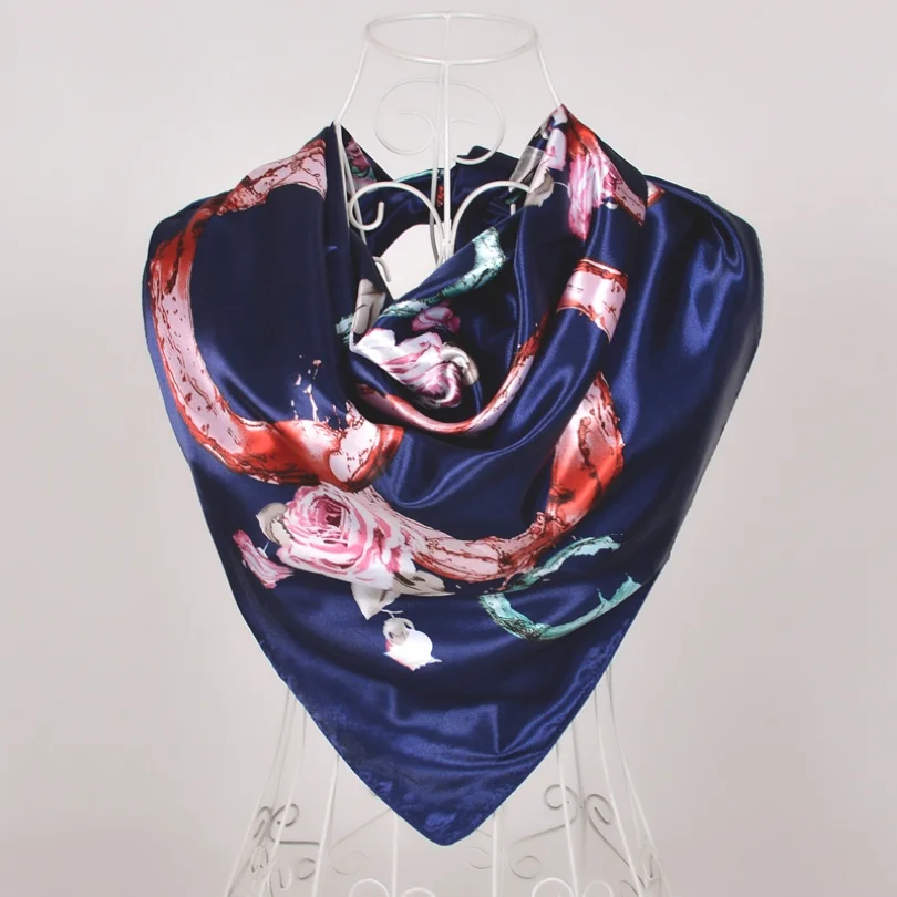 navy blue 581 Новое поступление женский шелковый шарф, модные аксессуары атласные большие квадратные женский шарф с принтом, дизайн бежевая шелковая шаль 90*90 см - Цвет: navy blue 581