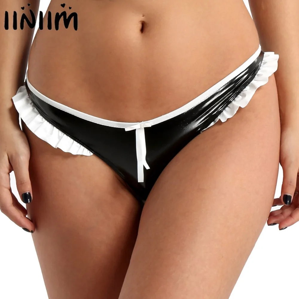 

iiniim Womens Lingerie Panties Punk Sexy Female Underpants Wet Look Faux Leather Ruffled Lace Low Rise Bikini Briefs Underwear