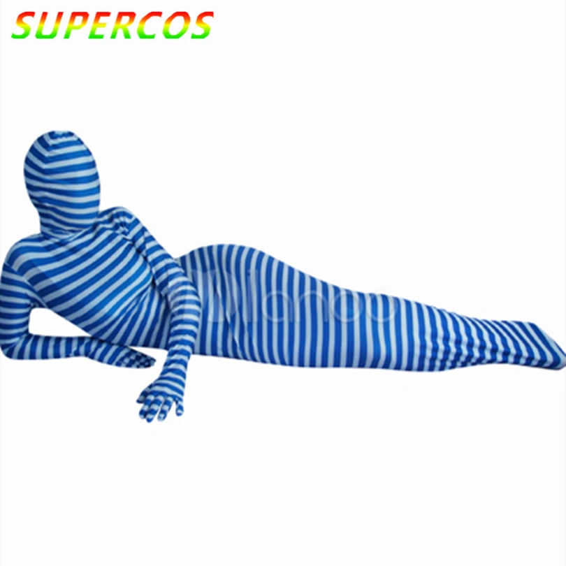 Высококачественный костюм Zentai из спандекса в синюю и белую полоску с сумкой для