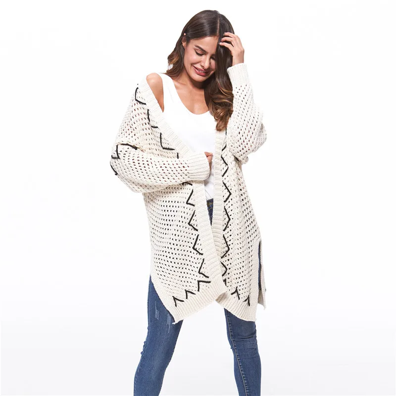 Elegant Side Slit Knitting Long Cardigan Women Sweater Sleeve Jumper Autumn Oversized Loose Female Hollow Out Jersey Coat |