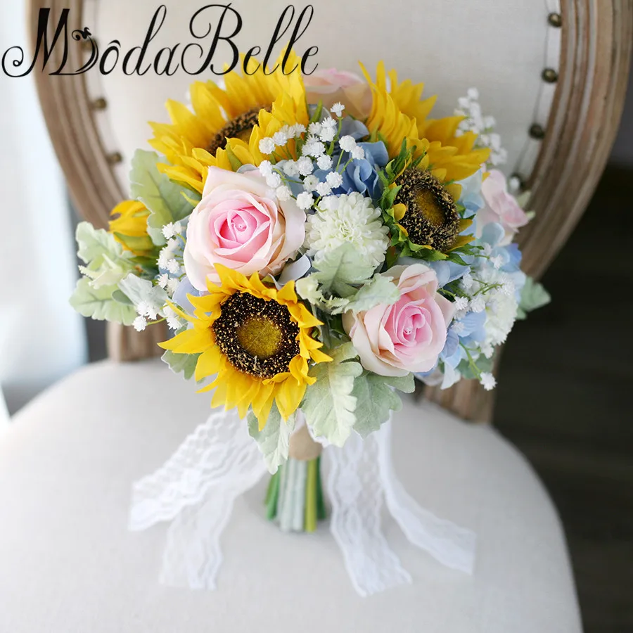 modabelle Sunflower Wedding Bouquet Yellow Pink Artificial Bridal Lace Brides Brooch Bouquets Accessoire Mariage | Свадьбы и