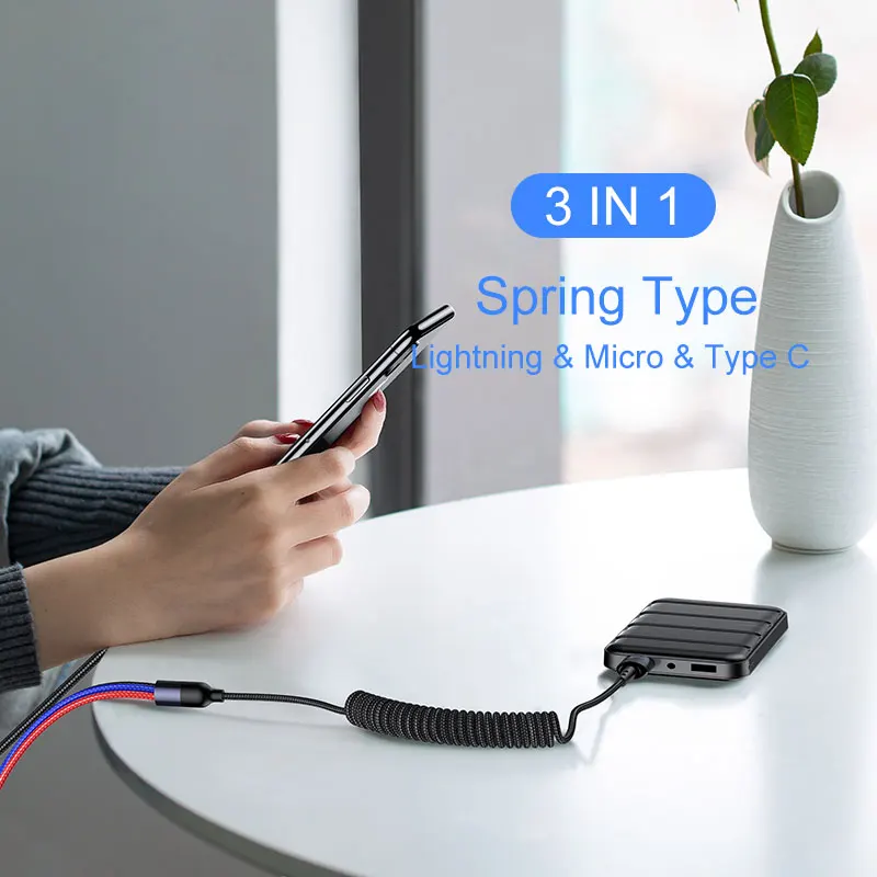 3 in 1 Spring 1.5M USAMS 4 в 1 Micro USB кабель 3A type C кабель для iPhone USB C кабель для зарядки 3 в 1 Пружинные шнуры для iPhone x xs samsung - Цвет: 3 in 1 Spring 1.5M