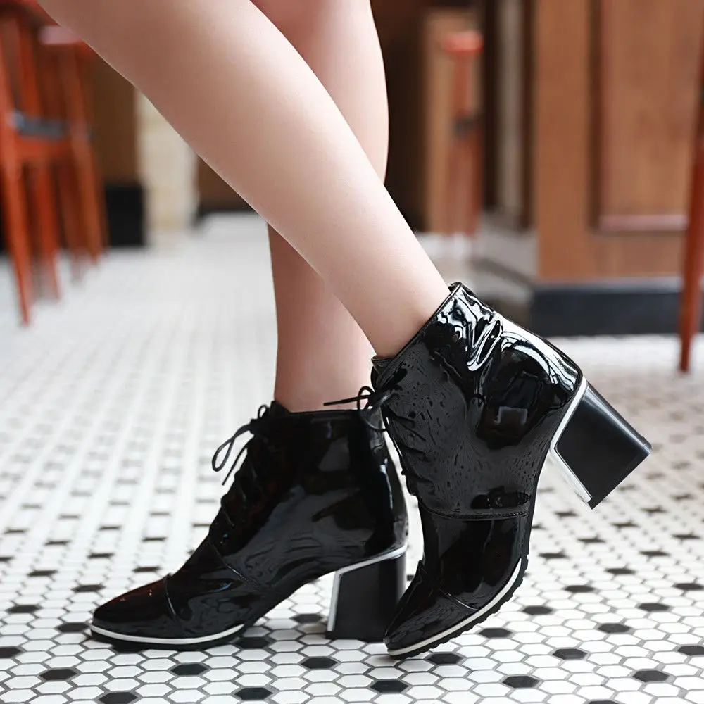 

ZJVI Womens Patent PU Women Fashion Boots Winter Autumn Woman Lace Up Pointed Toe Ankle Boots Ladies Square High Heels Shoes
