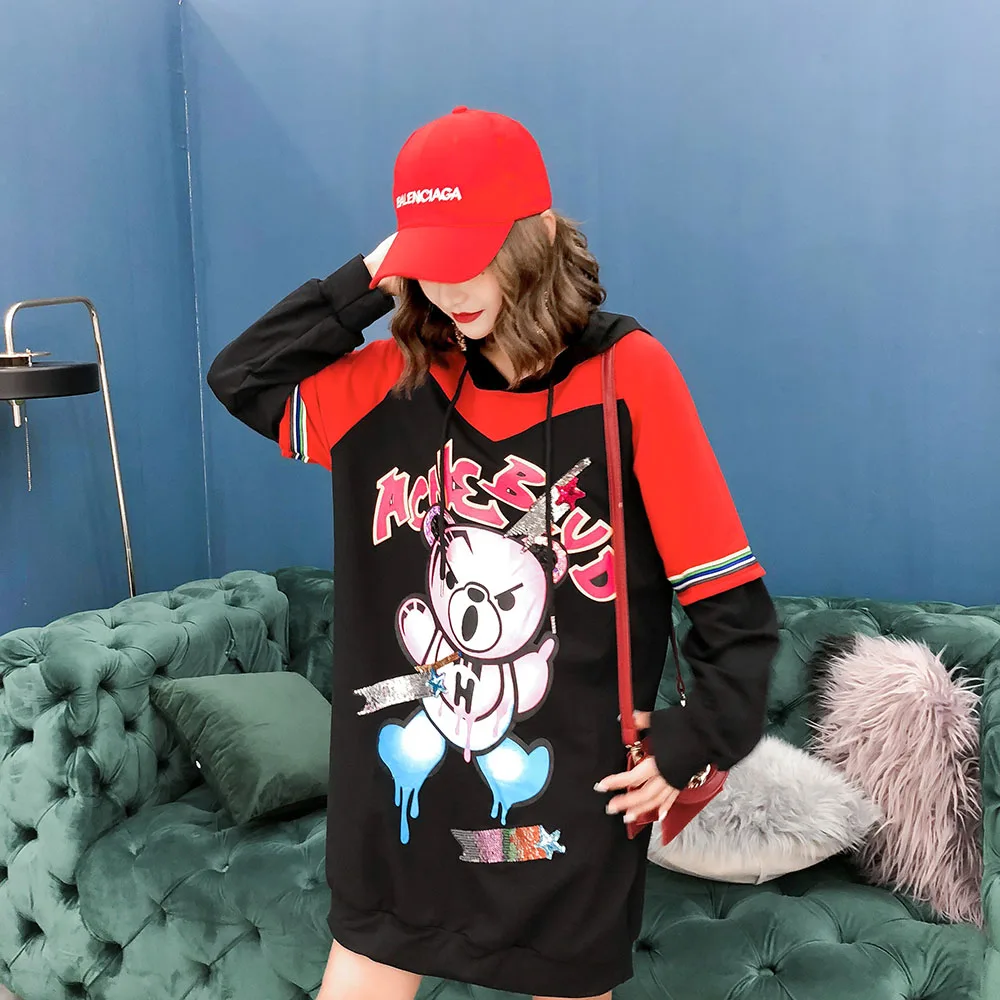 2018 Новинка осени мультфильм блестками chic с капюшоном Длинные свободные уличный