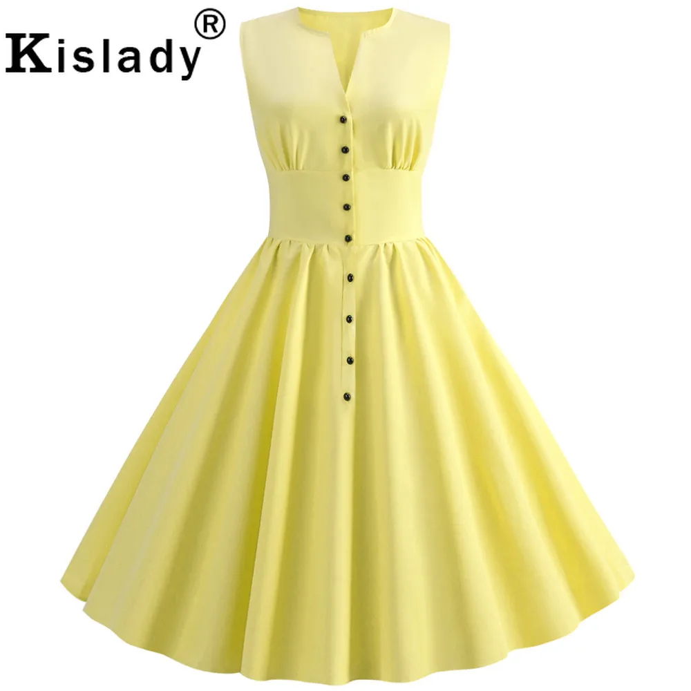 Summer Women's Button Vintage Dress 50s Sweet Casual Sleeveless Swing Retro Rockabilly Slim Party Yellow Robe Femme | Женская одежда