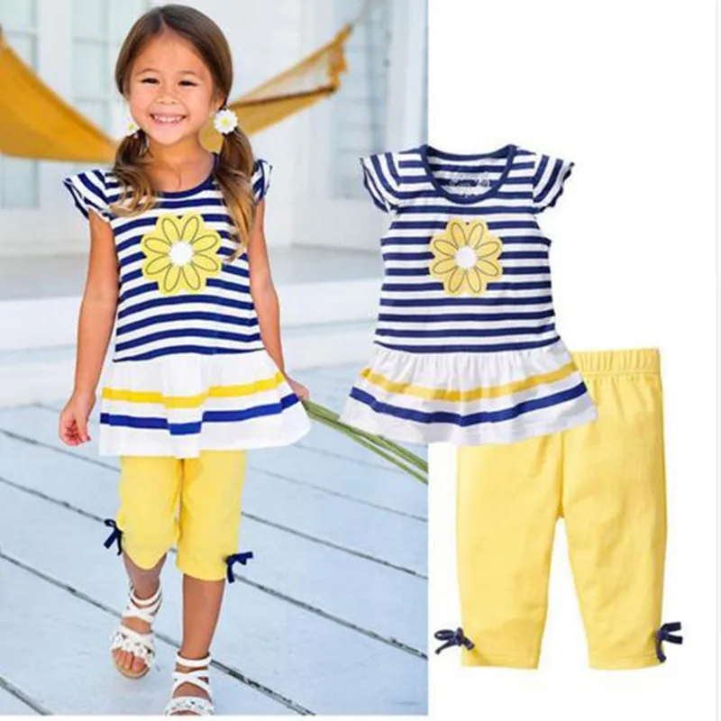 

Summer Girls Clothing Sets Sleeveless Toddler Kids Girls OutfitFloral Striped T-Shirt+ Pants 2pcs 24M-9Y