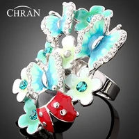 chran gold color ladybug design zircon jewelry rings wholesale crystal enamel butterfly pattern flower rings for women