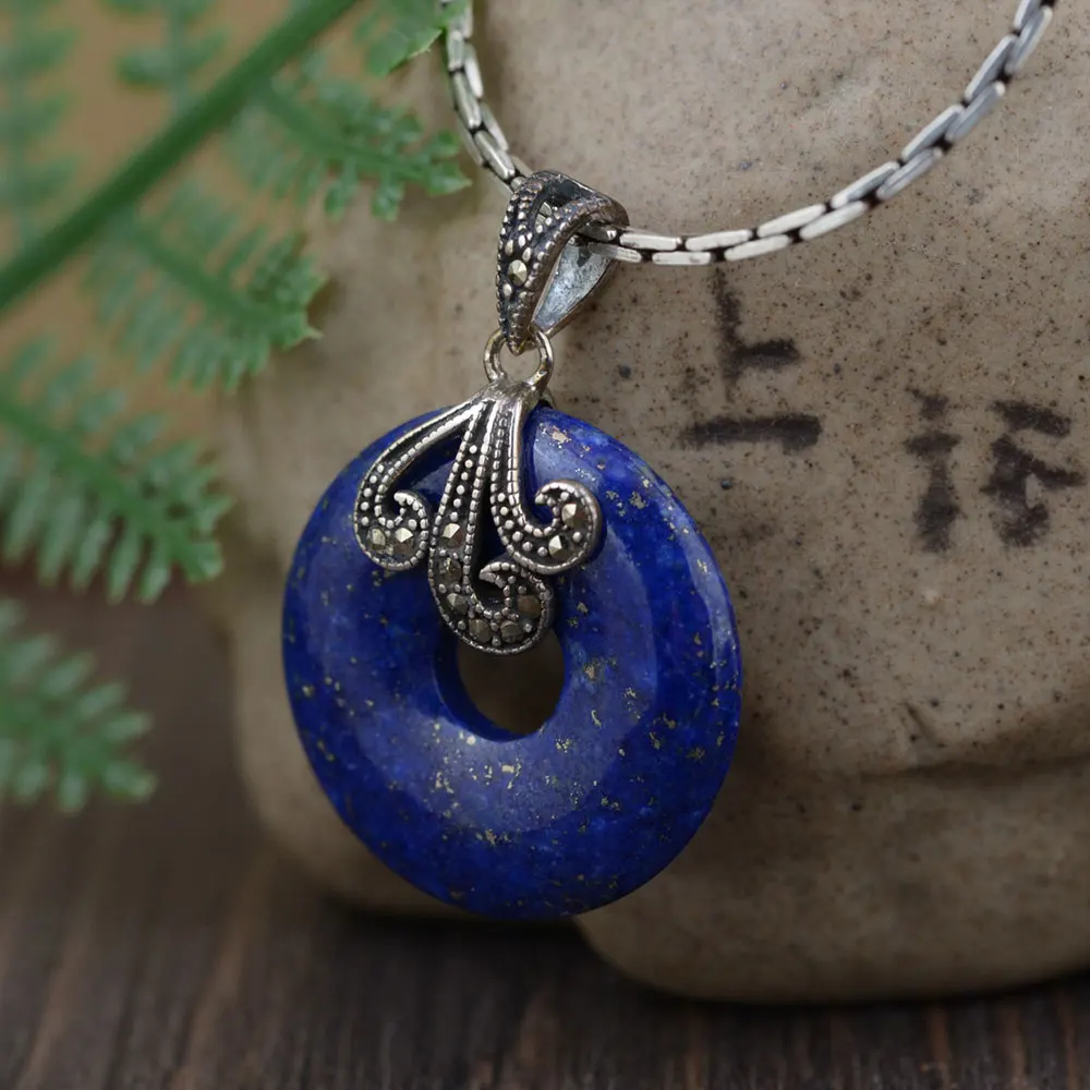 Круглая Подвеска из серебра 925 пробы с лазуритом 100%|thai silver pendant|pendants for womenf pendant |