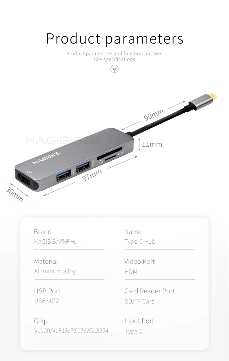 Hagibis Тип type-C USB 3,1 мульти Порты и разъёмы адаптер USB-C к HDMI 4K HD USB 3,0 концентратор 2-Порты и разъёмы SD Card Reader конвертер кабель для Macbook