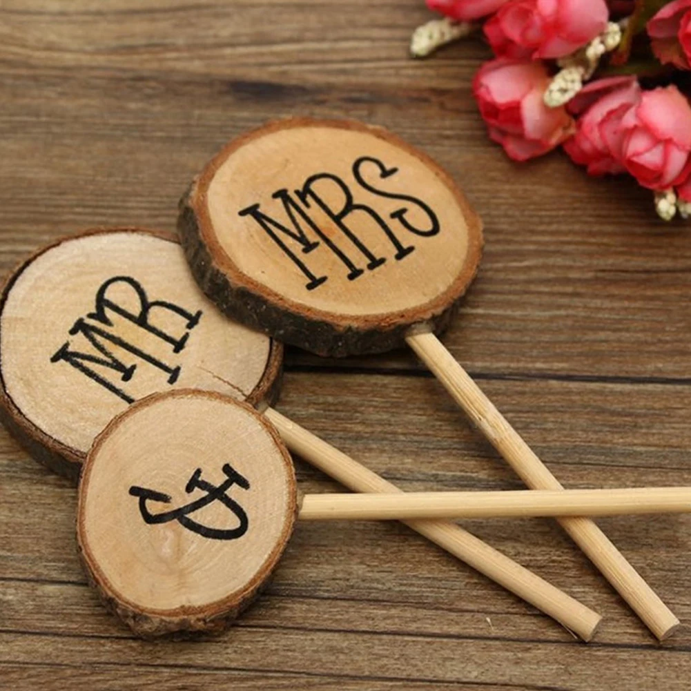 3Pcs/Set Wooden Cake Toppers Round Mr &amp Mrs Shabby Chic Rustic Wedding Topper Pick Decoration Colorful | Дом и сад