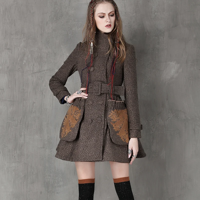 Пальто женщин 2015 Yuzi зима новый урожай шерсть пальто двубортный цветочной