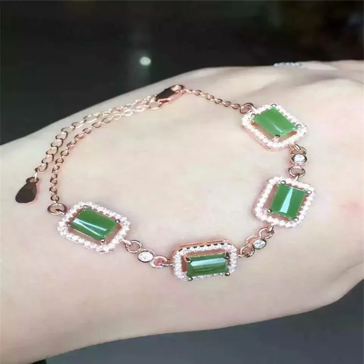 

KJJEAXCMY fine jewelry 925 Pure silver inlay natural hetian jasper female style bracelet small wild flowers rectangular