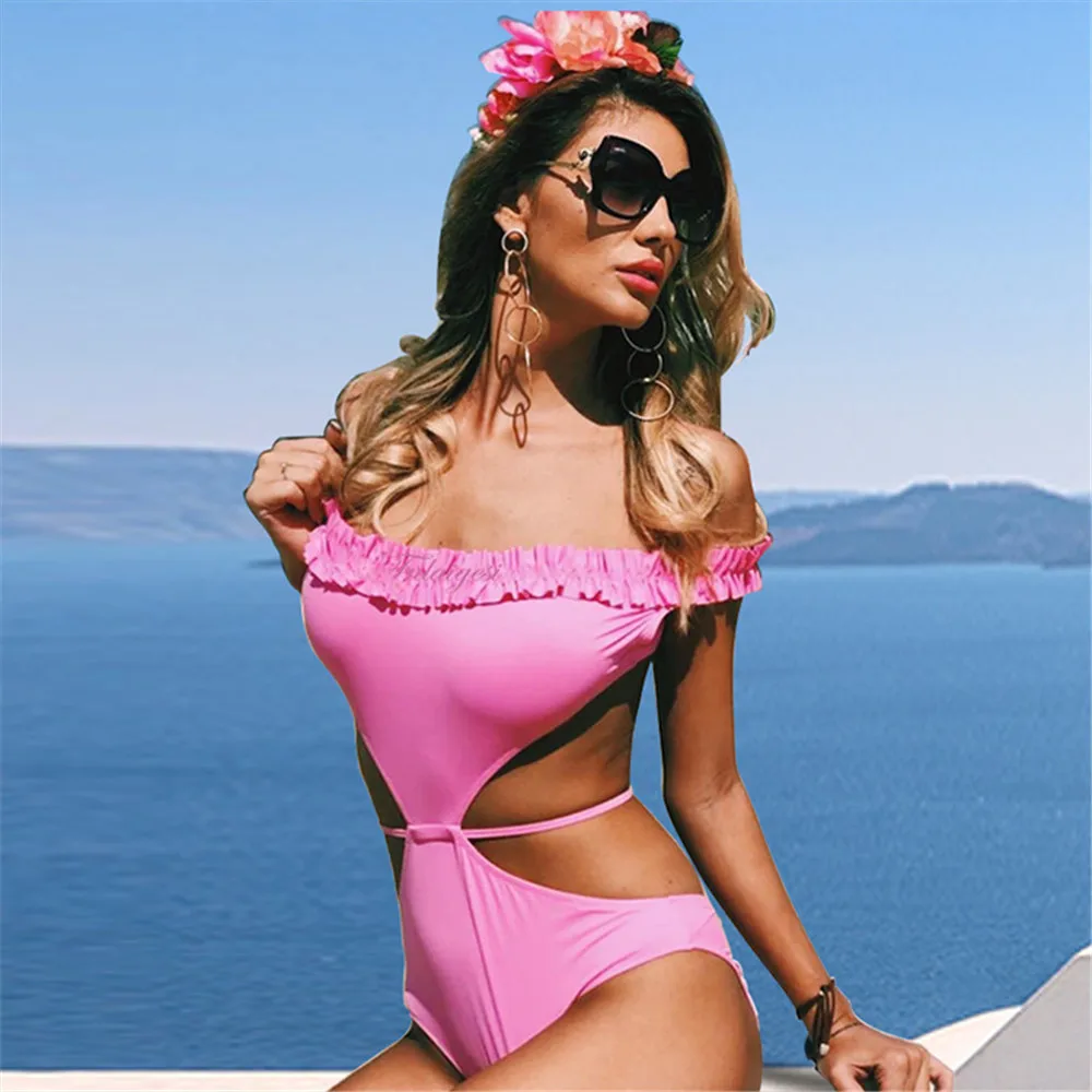 Сексуальный слитный купальник с открытыми плечами Женский Одноцветный монокини