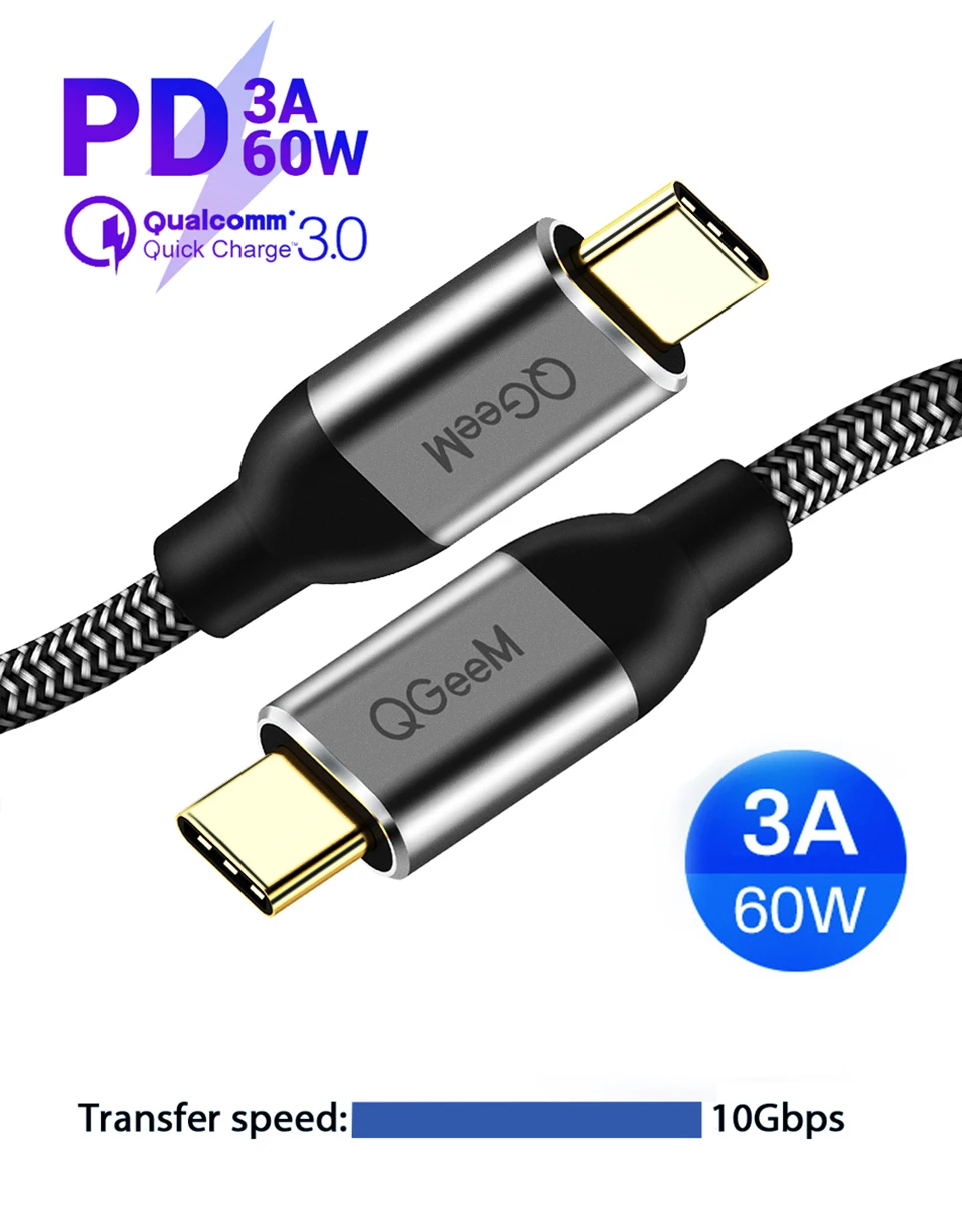QGeeM USB 3,1 type C к USB C кабель Gen2 PD 60 Вт USB-C к USB C зарядный провод шнур нейлоновый кабель шнур для samsung S9 S8 Macbook Pro