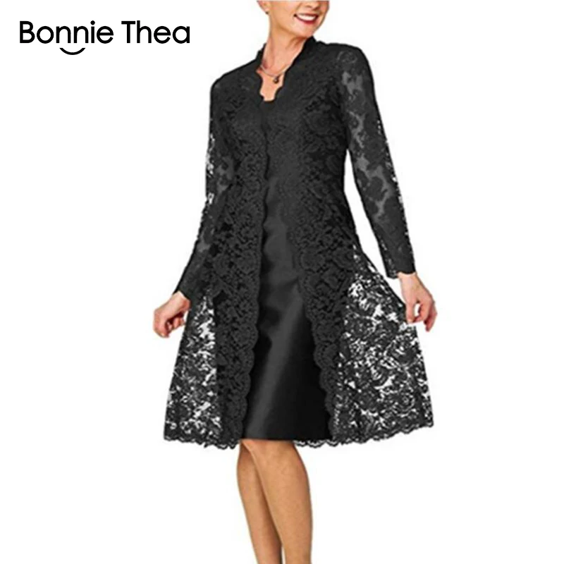 Черный Bonnie Thea женское кружевное платье из двух частей с длинным рукавом, элегантное черное платье для вечеринки, весеннее платье - Цвет: Черный