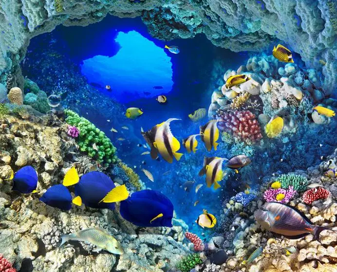Free shipping 3D Custom Wall Sticker Underwater Cave Tropical fish Painting Photo Wallpaper for Walls home decor mural post | Дом и сад