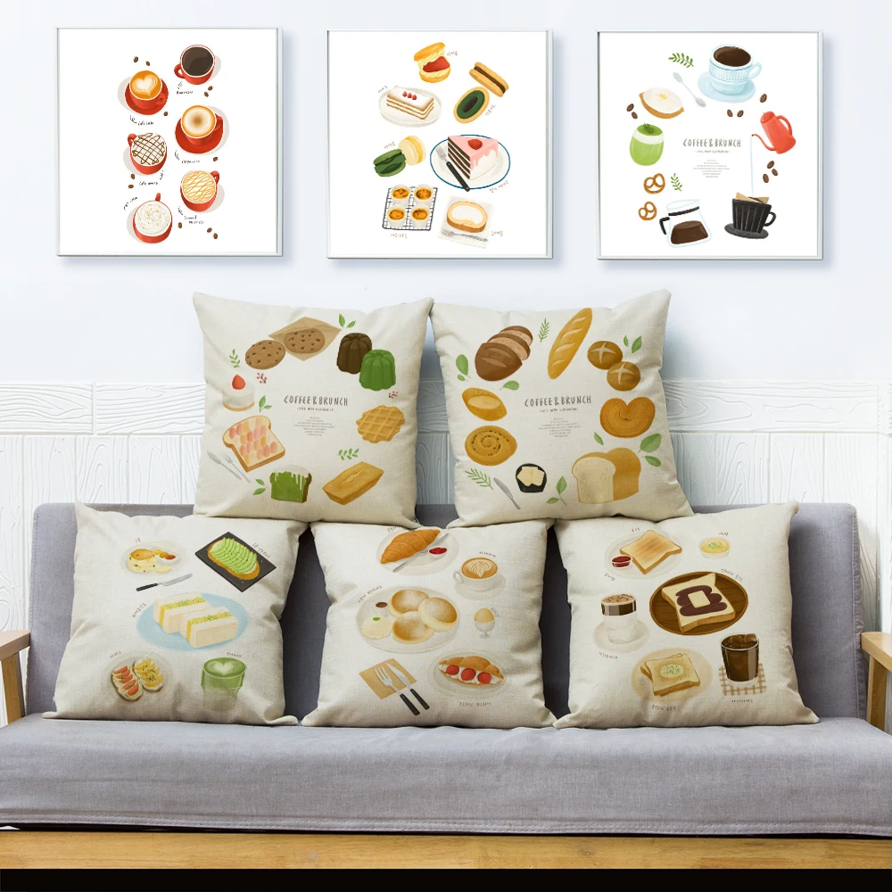 

Modern Home Fruit Bread Coffee Pizza Print Cushion Cover 45*45cm Linen Pillow Covers Pillows Cases Sofa Home Decor Pillowcase