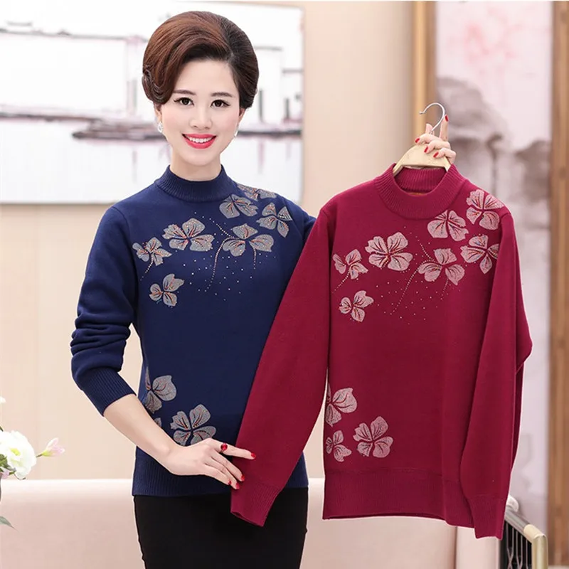 Women Autumn Winter Knit Sweater Bottoming shirt Flocking Warm Middle aged Female Pullover Plus size Diamond Sweaters OKXGNZ1299 | Женская