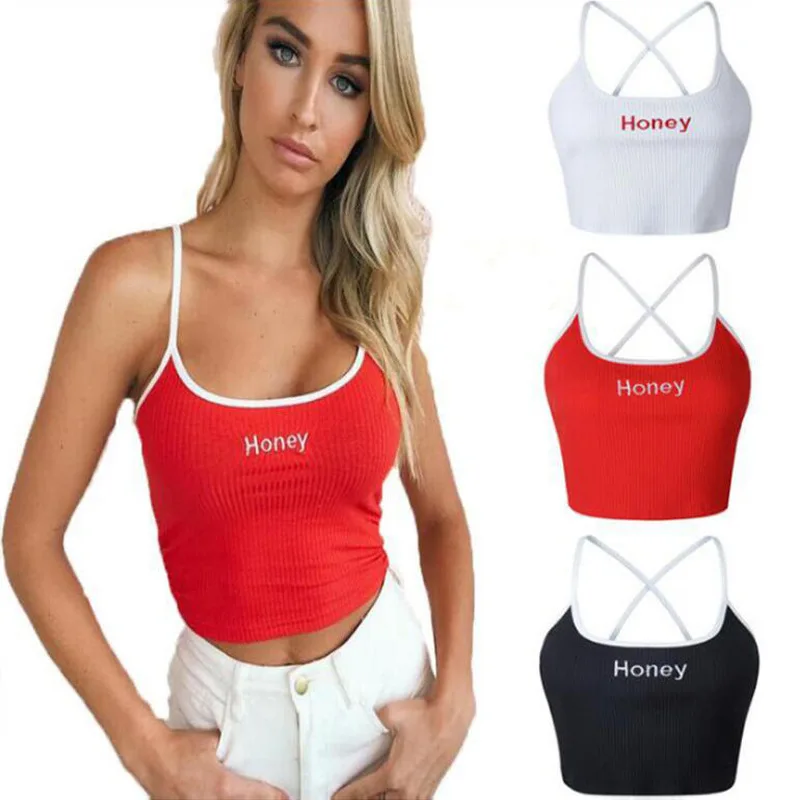 Сексуальный женский укороченный топ с вышитыми медовыми буквами на бретельках