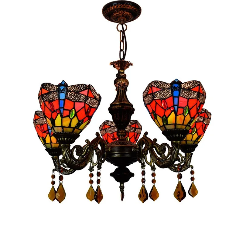 

American garden Tiffany colored glass living room, bedroom bar, red dragonfly 5 head lighting