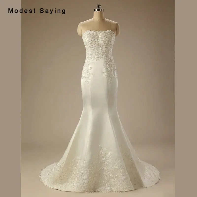 

Elegant Ivory Mermaid Strapless Pearls Lace Wedding Dress 2017 Formal Women Long Bridal Gown vestido de noiva sereia Custom Made