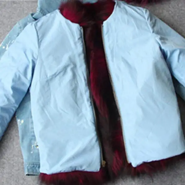 Подкладка из натурального Лисьего меха джинсовая куртка пальто parka100% большой воротник из меха енота Женское зимнее пальто джинсовая куртка