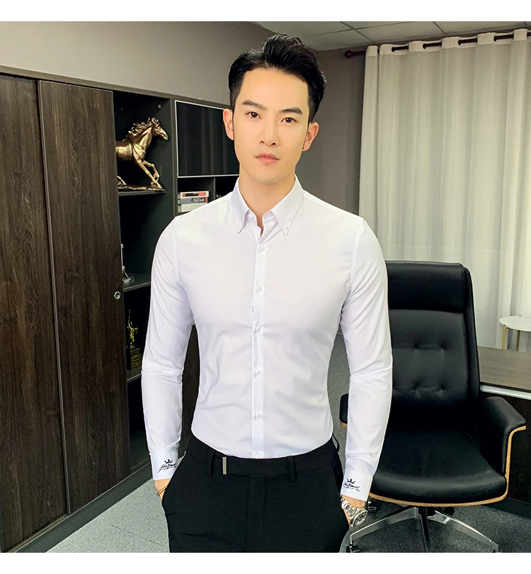 Новые формальные рубашки для мужчин офисное платье бизнес Ropa Hombre Elegante серые белые рубашки мужские розовые Camisa Social Masculina осень