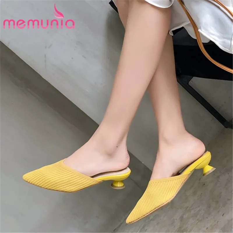 

MEMUNIA2020 New fashion shoes women sandals slip on Stretch Fabric pointed toe round heels summer shoes ladies mules drop ship
