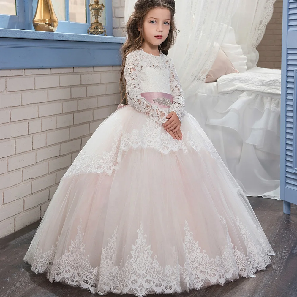 New Long Sleeve Flower Girls Dresses For Weddings Lace Sweep Train Crystal Belt Ball Gown Birthday Children Girl Pageant Gown