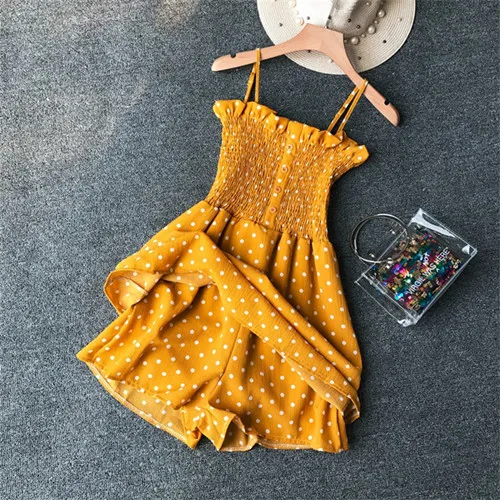 yellow dot Модный летний брючный костюм с бретельками в горошек, повседневный сексуальный комбинезон, Женский клетчатый пляжный костюм, праздничный комбинезон - Цвет: yellow dot