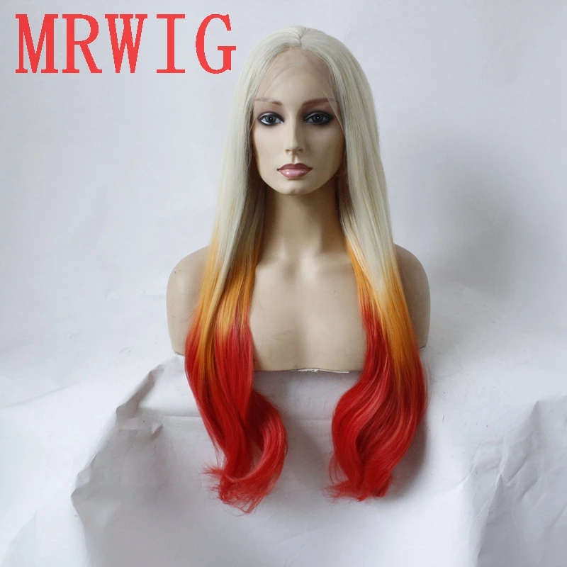 MRWIG настоящий рис #613/Желтый/Красный Длинный натуральный волнистый синтетический