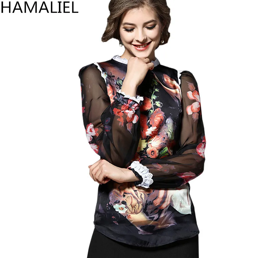 S-XL Women 2018 Summer Runway Blusas Feminina Angel Fashion Blouse Shirt Long Sleeve Silk Printing Painting Sexy Plus Size Top |