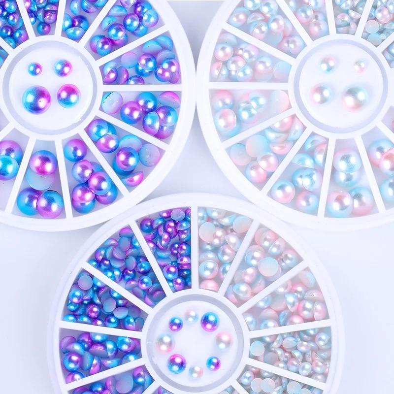 Semi-circle Pearl Bead 3D Nail Decoration Mixed Size Blue White Gradient Flat Bottom DIY Phone Accessories Decorations | Красота и