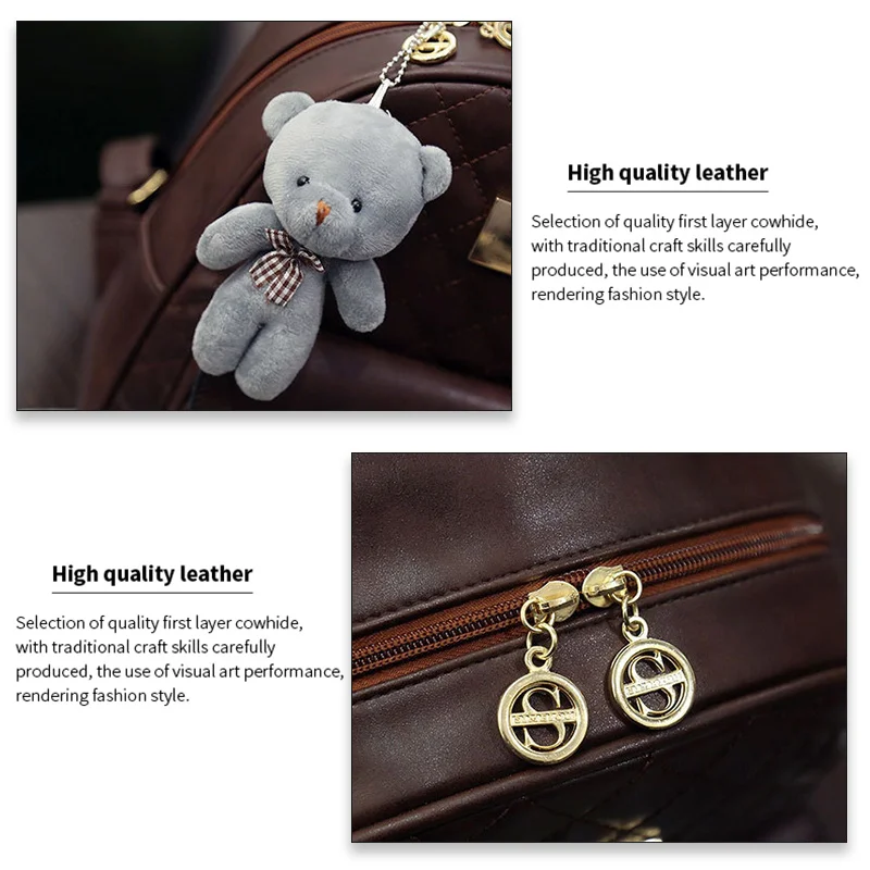 Women Small Vintage Backpack Women's Bag Set Waterproof Retro Bear Pendant Bags Set Of 3 Female Luxury Cute Leather Backpacks