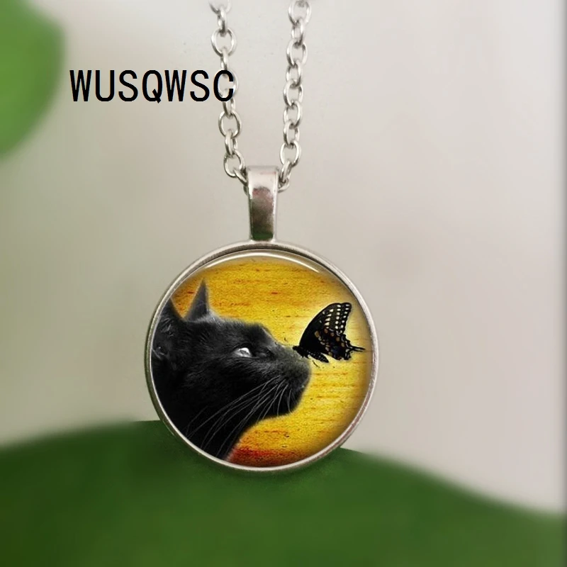 WUSQWSC винтажное ожерелье с черной кошкой и стеклянной подвеской бабочкой картиной