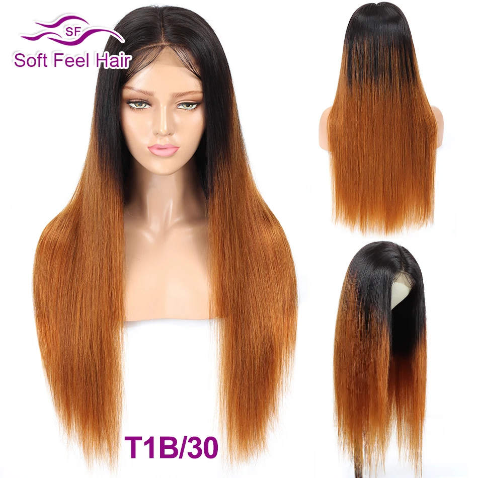 Soft Feel Hair 4x4 Closure Wig Ombre Human Hair Wigs For Black Women Lace Closure Wig Remy Brazilian Straight Wig Middle Ratio