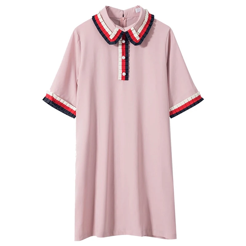 

PERHAPS U Pink Turn Down Collar Short Sleeve Beading Pearl Button Pocket Mini Dress Solid Straight Loose Summer Casual D0521