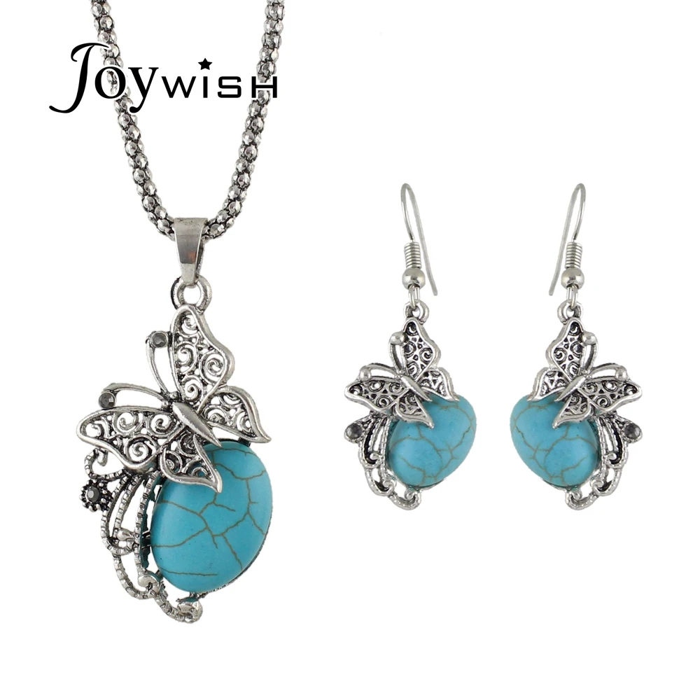 Joywish Vintage Style Ethnic Jewelry set Antique Silver Color with Blue Stone Butterfly Pendant Necklace and Drop Earrings|ethnic jewelry set|jewelry