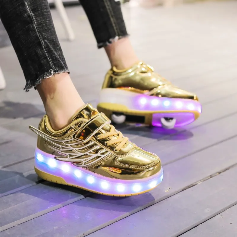 

New Pink Gold USB Charging Fashion Girls Boys LED Light Roller Skate Shoes For Children Kids Sneakers With Wheels Two wheels