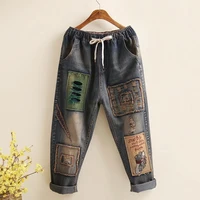 art style patchwork embroidery loose vintage women jeans hole design elastic waist all cotton denim ladies harem pants d101