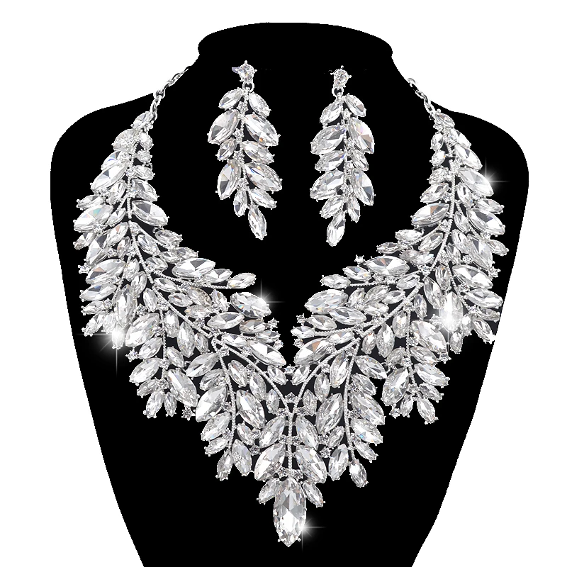 

Luxurious Dubai Style Wedding Jewelry Sets Rhinestone Crystal Statement Bridal Silver Color Prom Necklace Earring Christmas Gift