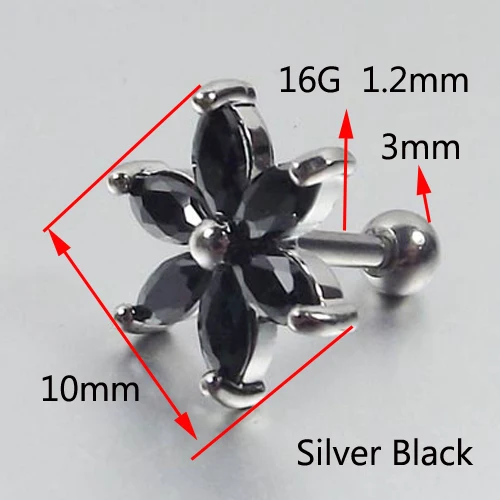 Silver Black 1 шт. золотые серебряные хирургические серьги из нержавеющей стали шпилька Панк Любовь цветок из циркона для трагус пирсинга Кристалл Роза для мужчин и женщин - Окраска металла: Silver Black
