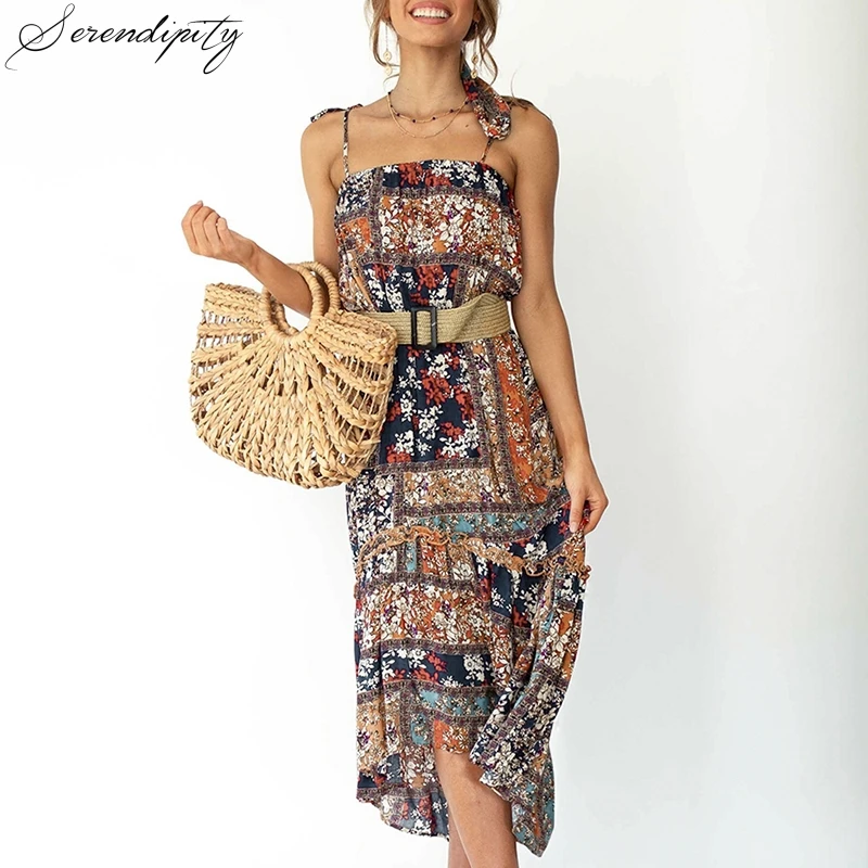 Женское платье миди с цветочным принтом SRDP повседневное пляжное на бретельках