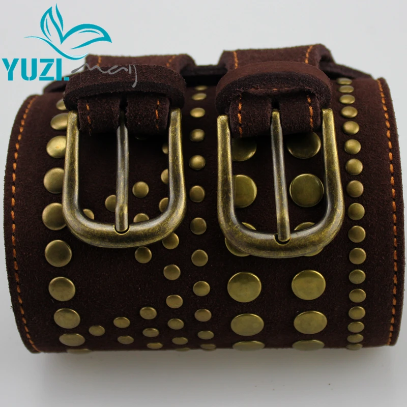 2021 Spring New Yuzi Vintage Women Belt Double Buckles Genuine Leather Rivet Cowskin Belts G09592 cinturones Apparel Accessories