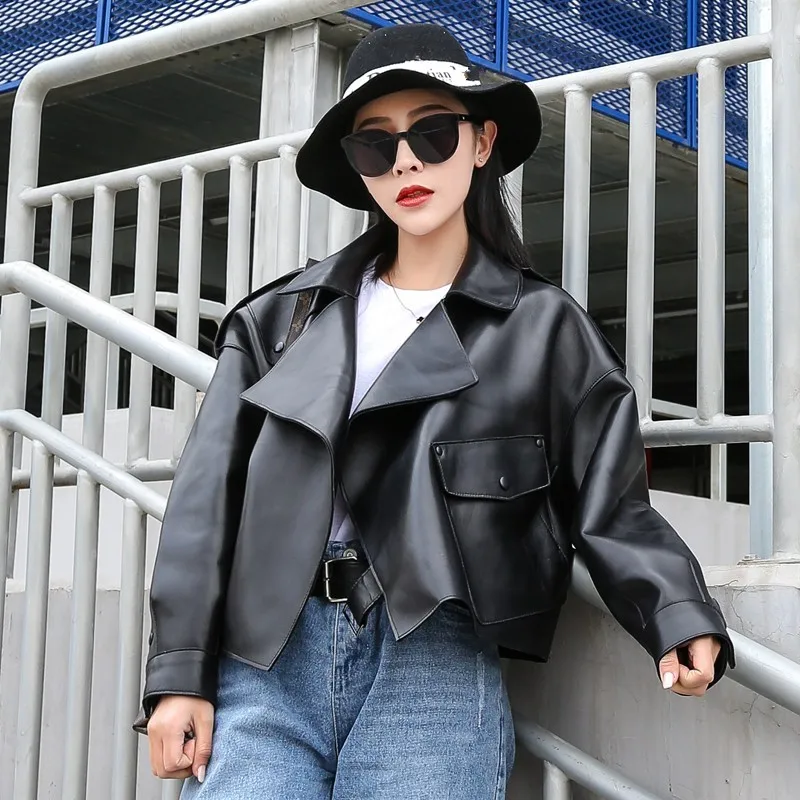 

Top Brand Women Short Loose 100% Natural Leather Jacket Luxury Overcoat Female Buckle Boyfriend Moto Biker Genuine Leather Coat