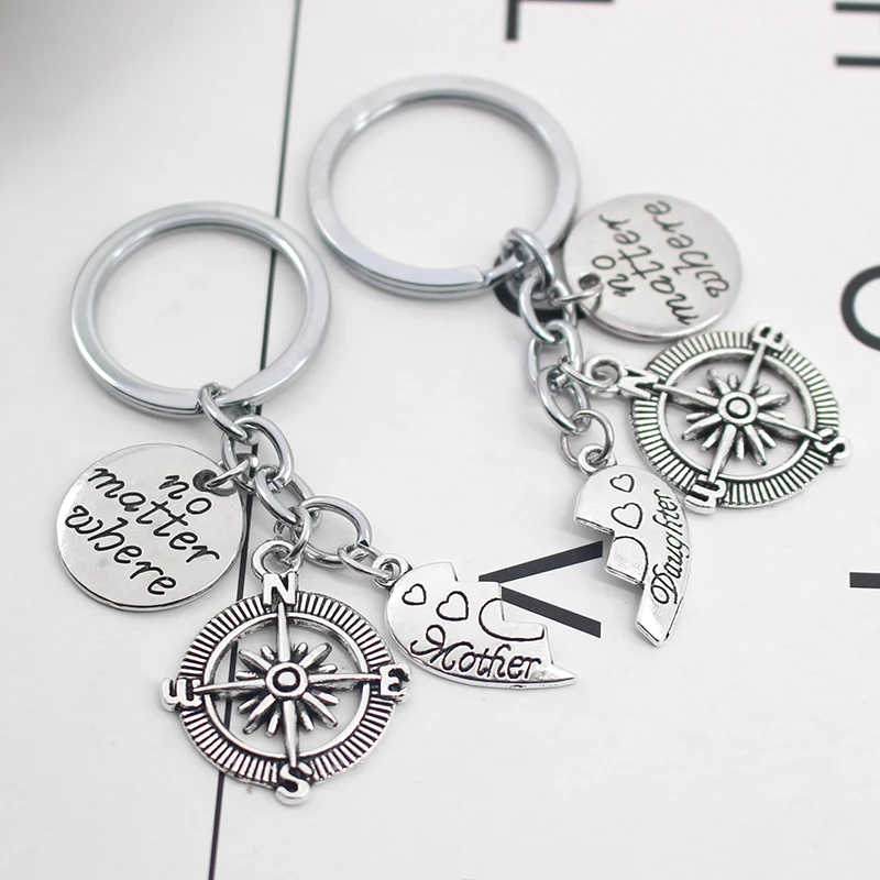 

Mother's Day Heart-Shaped Compass Pendant Keychain Key Rings Broken Heart Letting Mother Daughter No Matter Where For Women Gift