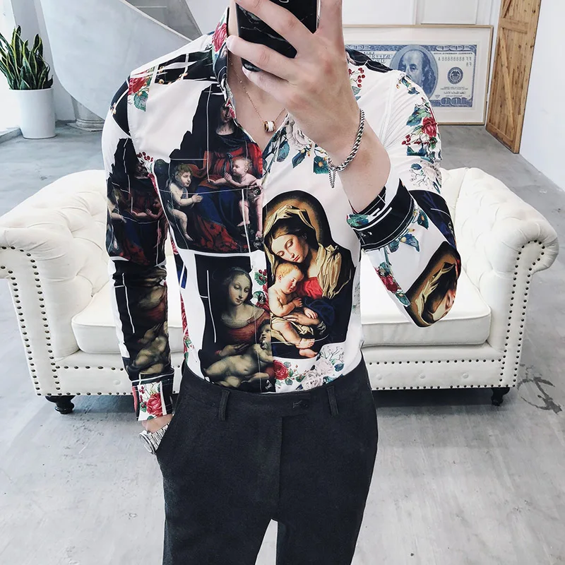 Мужская рубашка с длинным рукавом Camisa Masculina Chemise черно-белая принтом для