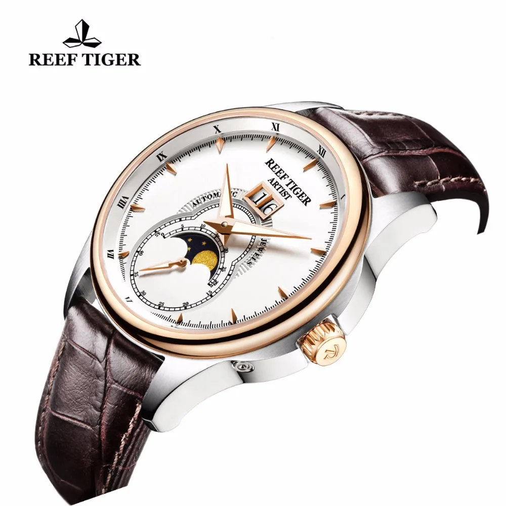 Reef Tiger/RT модные и благородные часы для мужчин механические часы Moon Phase двойное окно Дата Кожаный ремешок Часы RGA1928